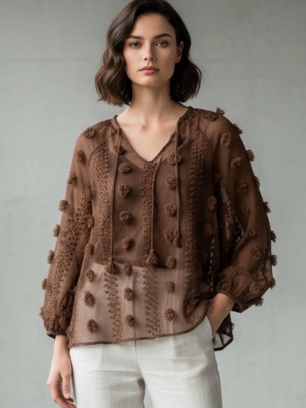 Calypso st Barth Brown Pom-Pom Sheer V-Neck blouse